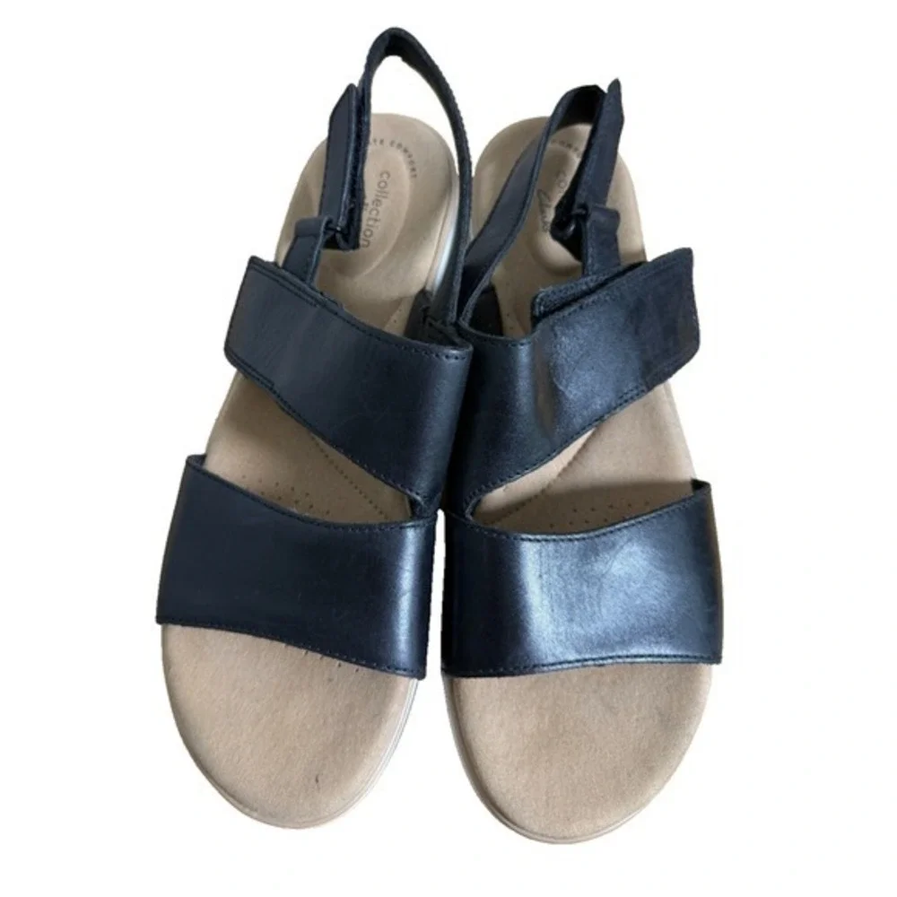 Clarks‎ Wedge Sandals Womens 10M Pre-Owned Slingback Black Leather Ergonomic